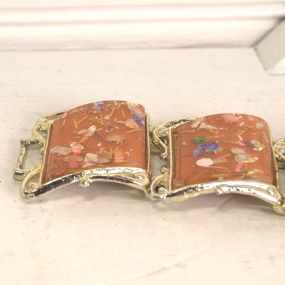 Vintage Cuff Bracelet Confetti Lucite PAM Gold-one Orange - Picture 6 of 8